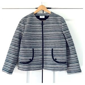 Akris Punto Jacket Silk Textured Black & White Striped Zip Blazer Career Size 10